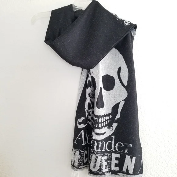 Alexander McQueen Wool Skull Large Scarf Black Grey - Picture 10 of 11